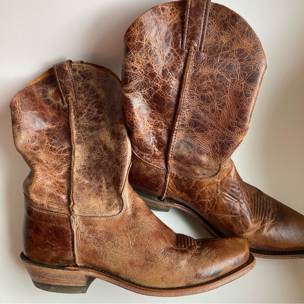 JUSTIN Bent Rail BR733 Brown Leather Tan Road Distressed Cowboy Boots, Sz 11.5 D
